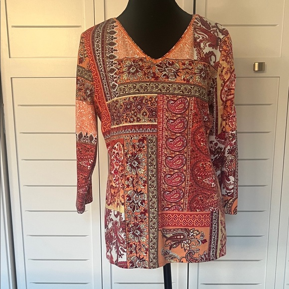 Chico's Tops - Chico's Vibrant Red and Orange Boho Patchwork Top Tunic Sz 0